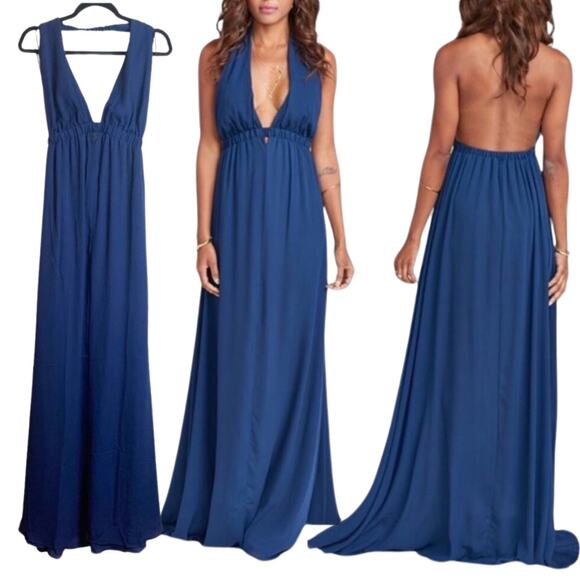 NWT SHOW ME YOUR MUMU DRESS GOWN NAVY BLUE MAXI LONG OPEN BACK V NECK SLEEVELESS - Picture 1 of 10